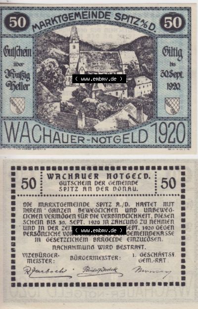 Notgeldscheine Niederösterreich Spitz Wachauer Notgeld 1920, 50 Heller. Vorderseite und Rückseite des Notgeldscheins auf einen... Sammlung