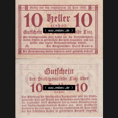 Notgeldscheine Oberösterreich Linz, Stadt-Gemeinde 1920, 10 Heller. Vorderseite und Rückseite auf einen Digitalen Bild des oberösterreichischen Notgeldscheins im online... Sammlung