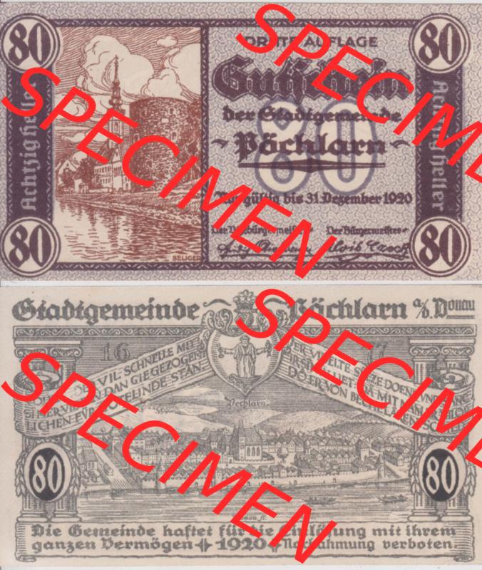 Notgeldscheine Niederösterreich Pöchlarn 1920, 80 Heller. Vorderseite und Rückseite des Notgeldscheins auf einen Digitalen Bild zu katalogisieren der eigenen Notgeld-Sammlung... Sammlung