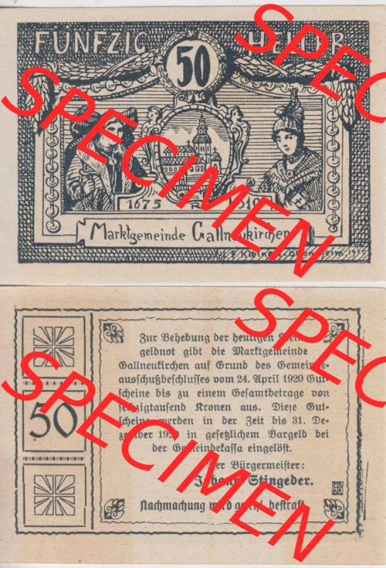 Notgeldscheine Oberösterreich Gallneukirchen 1920, 50 Heller. Vorderseite und Rückseite auf einen Digitalen Bild des oberösterreichischen Notgeldscheins im online Katalog für... Sammlung