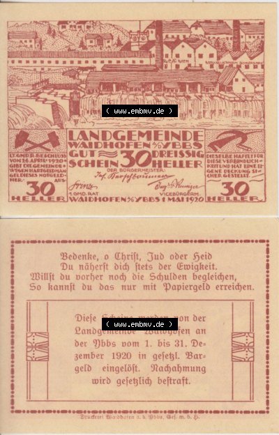Notgeldscheine Niederösterreich Waidhofen an der Ybbs 30 Heller. Vorderseite und Rückseite des Notgeldscheins auf einen Digitalen... Sammlung