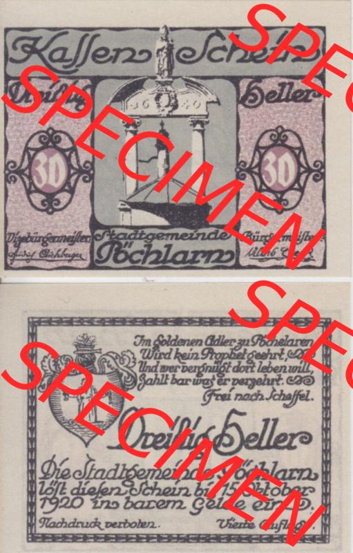 Notgeldscheine Niederösterreich Pöchlarn 1920, 30 Heller II. Vorderseite und Rückseite des Notgeldscheins auf einen Digitalen Bild zu katalogisieren der eigenen Notgeld-Sammlung... Sammlung