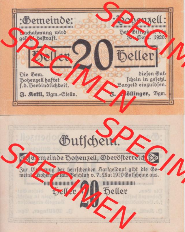 Notgeldscheine Oberösterreich Hohenzell 1920, 20 Heller. Vorderseite und Rückseite auf einen Digitalen Bild des oberösterreichischen Notgeldscheins im online Katalog für... Sammlung