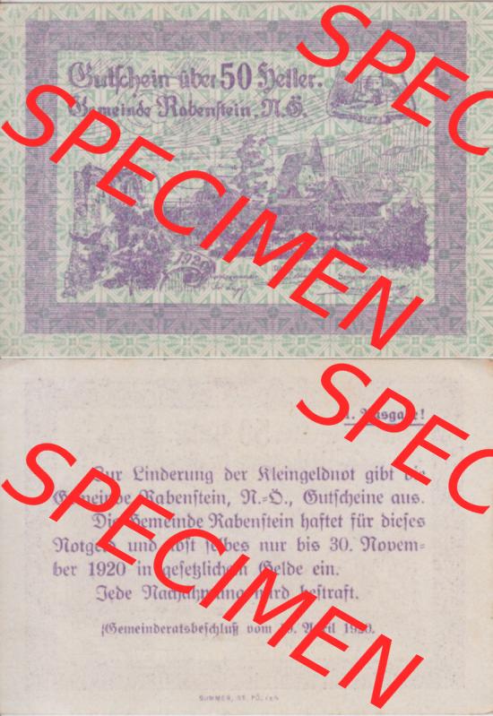 Notgeldscheine Niederösterreich Gemeinde Rabenstein 1920, 50 Heller. Vorderseite und Rückseite des Notgeldscheins auf einen Digitalen Bild zu katalogisieren der eigenen Notgeld-Sammlung... Sammlung
