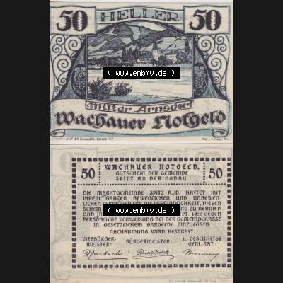 Notgeldscheine Niederösterreich Mitterarnsdorf Wachauer Notgeld 1920, 50 Heller Wachauer Notgeld. Vorderseite und Rückseite des Notgeldscheins auf einen Digitalen Bild zu katalogisieren... Sammlung