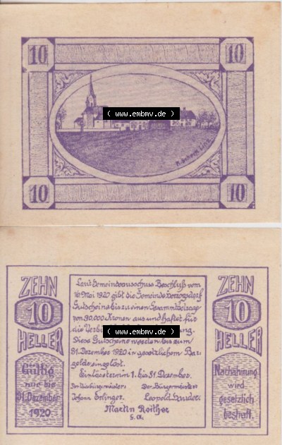 Notgeldscheine Oberösterreich Herzogsdorf, Gemeinde 1920 10 Heller. Vorderseite und Rückseite auf einen Digitalen Bild des oberösterreichischen... Sammlung
