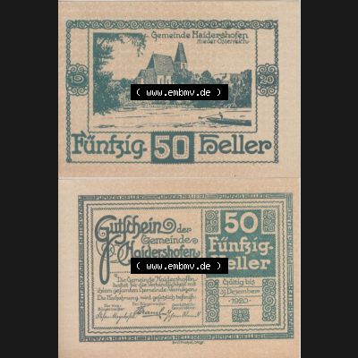 Notgeldscheine Niederösterreich Haidershofen 1920, 50 Heller. Vorderseite und Rückseite des Notgeldscheins auf einen Digitalen Bild zu katalogisieren der eigenen Notgeld-Sammlung... Sammlung