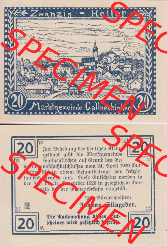 Notgeldscheine Oberösterreich Gallneukirchen 1920, 20 Heller. Vorderseite und Rückseite auf einen Digitalen Bild des oberösterreichischen Notgeldscheins im online Katalog für... Sammlung