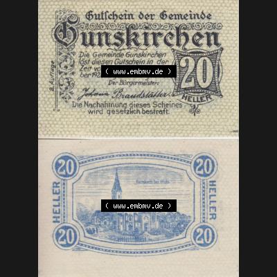 Notgeldscheine Oberösterreich Gunskirchen, Gemeinde 1920, 20 Heller. Vorderseite und Rückseite auf einen Digitalen Bild des oberösterreichischen Notgeldscheins im online... Sammlung