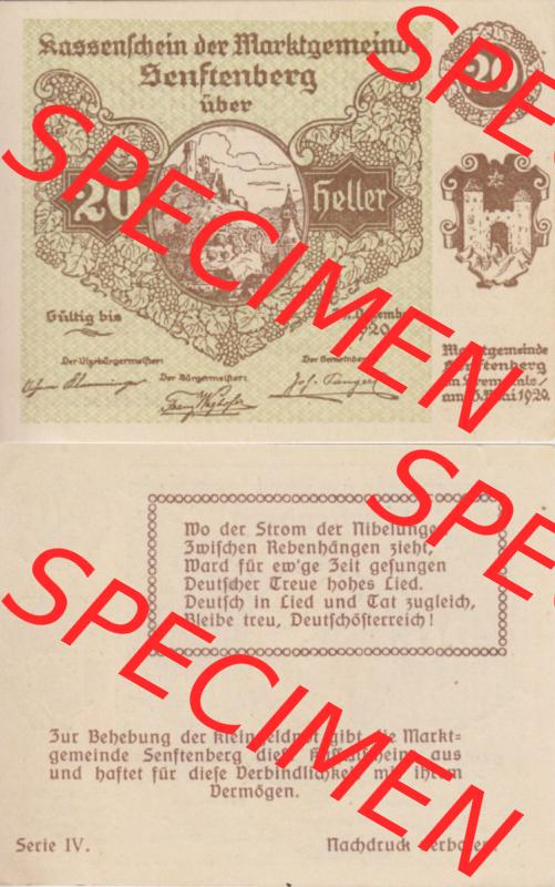 Notgeldscheine Niederösterreich Senftenberg Kassenschein 1920, Serie IV. 20 Heller (3) Sammlung