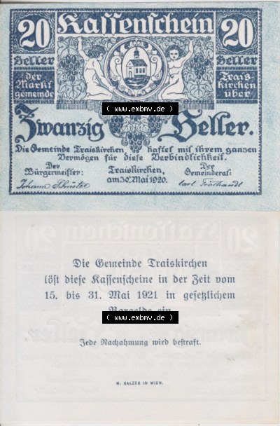 Notgeldscheine Niederösterreich Gemeinde Traiskirchen 1920, 20 Heller. Vorderseite und Rückseite des Notgeldscheins auf einen... Sammlung