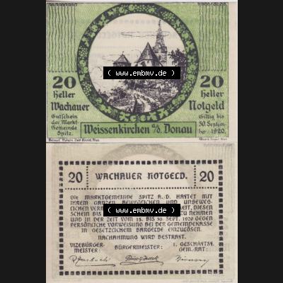 Notgeldscheine Niederösterreich Weissenkirchen in der Wachau, Wachauer Notgeld 1920, 20 Heller. Vorderseite und Rückseite des Notgeldscheins auf einen Digitalen Bild zu katalogisieren... Sammlung