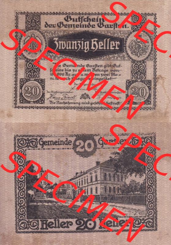 Notgeldscheine Oberösterreich Gemeinde Garsten 20 Heller. Vorderseite und Rückseite auf einen Digitalen Bild des oberösterreichischen Notgeldscheins im online Katalog für private... Sammlung