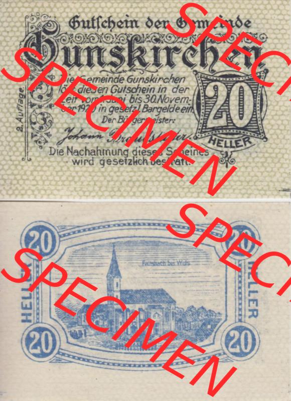 Notgeldscheine Oberösterreich Gunskirchen, Gemeinde 1920, 20 Heller. Vorderseite und Rückseite auf einen Digitalen Bild des oberösterreichischen Notgeldscheins im online... Sammlung