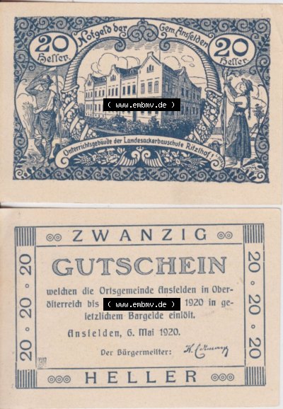 Notgeldscheine Oberösterreich Ansfelden Ortsgemeinde 1920, 20 Heller. Vorderseite und Rückseite auf einen Digitalen Bild des... Sammlung