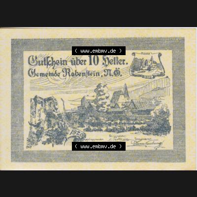 Notgeldscheine Niederösterreich Gemeinde Rabenstein 1920, 10 Heller. Vorderseite des Notgeldscheins im online Katalog auf EMBMV zum katalogisieren der eigenen Sammlung für private... Sammlung