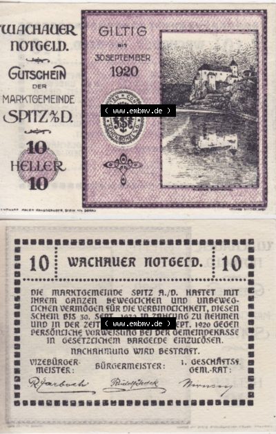 Notgeldscheine Niederösterreich Spitz Wachauer Notgeld 1920, I. 10 Heller. Vorderseite und Rückseite des Notgeldscheins auf... Sammlung