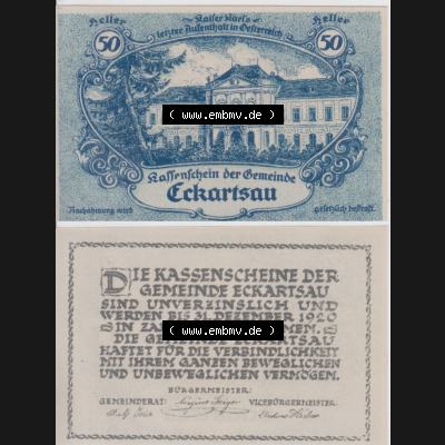 Notgeldscheine Niederösterreich Eckartsau 1920, 50 Heller. Vorderseite und Rückseite des Notgeldscheins auf einen Digitalen Bild zu katalogisieren der eigenen Notgeld-Sammlung im... Sammlung