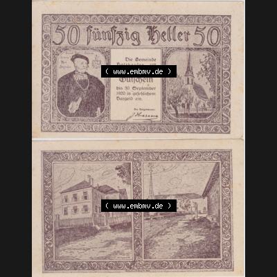 Notgeldscheine Oberösterreich Holzhausen 1920, 50 Heller. Vorderseite und Rückseite auf einen Digitalen Bild des oberösterreichischen Notgeldscheins im online Katalog für... Sammlung