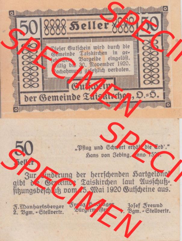 Notgeldscheine Niederösterreich Gemeinde Traiskirchen 1920, 50 Heller II. Vorderseite und Rückseite des Notgeldscheins auf einen Digitalen Bild zu katalogisieren der eigenen Notgeld-Sammlung... Sammlung