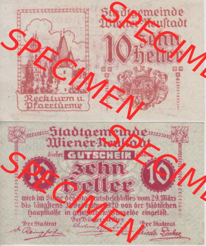 Notgeldscheine Niederösterreich Wiener-Neustadt, Stadt-Gemeinde 1920, 10 Heller. Vorderseite und Rückseite des Notgeldscheins auf einen Digitalen Bild zu katalogisieren der... Sammlung