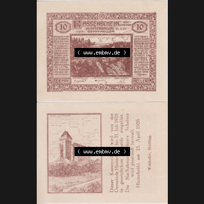 Notgeldscheine Niederösterreich Hinterbrühl 1920, 10 Heller I. Vorderseite und Rückseite des Notgeldscheins auf einen Digitalen Bild zu katalogisieren der eigenen Notgeld-Sammlung... Sammlung