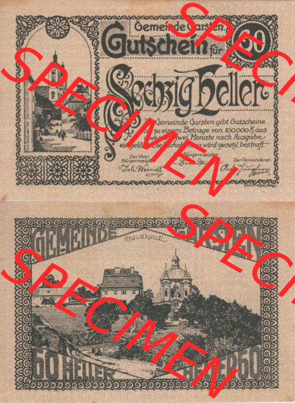 Notgeldscheine Oberösterreich Gemeinde Garsten 192x, 60 Heller. Vorderseite und Rückseite auf einen Digitalen Bild des oberösterreichischen Notgeldscheins im online Katalog... Sammlung