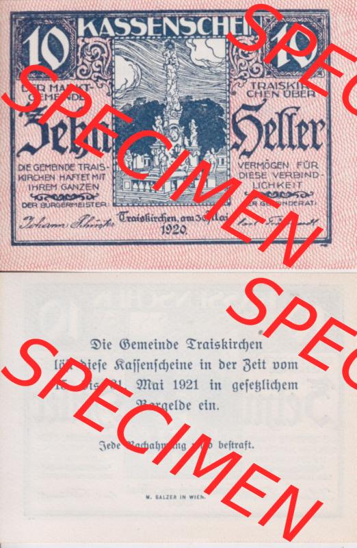 Notgeldscheine Niederösterreich Gemeinde Traiskirchen 1920, 10 Heller. Vorderseite und Rückseite des Notgeldscheins auf einen Digitalen Bild zu katalogisieren der eigenen Notgeld-Sammlung... Sammlung