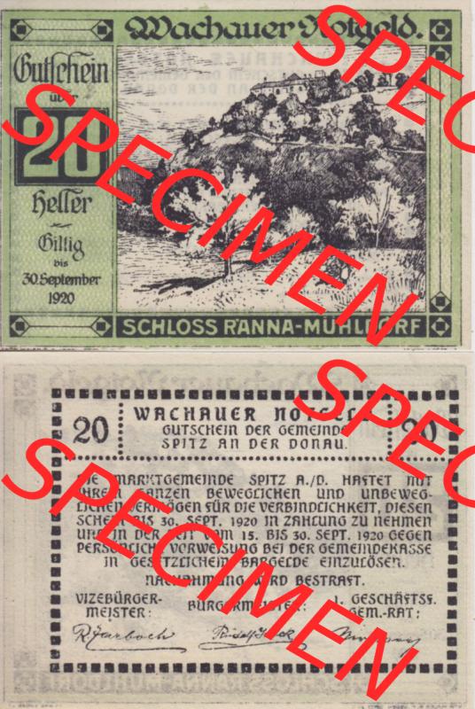 Notgeldscheine Niederösterreich Schloss Ranna-Mühldorf 1920, 20 Heller. Vorderseite und Rückseite des Notgeldscheins auf einen Digitalen Bild zu katalogisieren der eigenen Notgeld-Sammlung... Sammlung