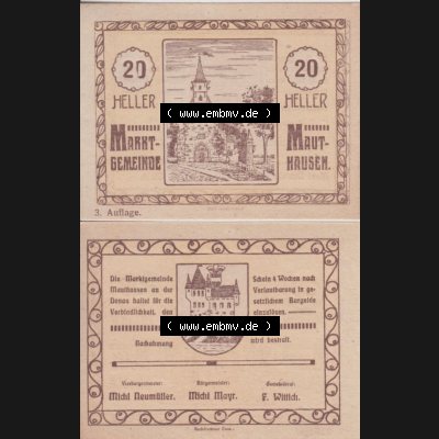 Notgeldscheine Oberösterreich Mauthausen 20 Heller I. Vorderseite und Rückseite auf einen Digitalen Bild des oberösterreichischen Notgeldscheins im online Katalog für private... Sammlung