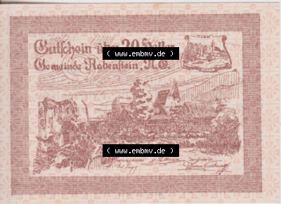 Notgeldscheine Niederösterreich Gemeinde Rabenstein 1920, 20 Heller. Vorderseite des Notgeldscheins im online Katalog auf EMBMV... Sammlung