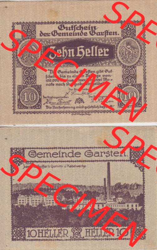 Notgeldscheine Oberösterreich Gemeinde Garsten 192x, 10 Heller. Vorderseite und Rückseite auf einen Digitalen Bild des oberösterreichischen Notgeldscheins im online Katalog... Sammlung