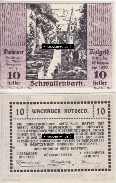 Notgeldscheine Niederösterreich Schwallenbach Wachauer Notgeld 1920, 10 Heller. Vorderseite und Rückseite des Notgeldscheins... Sammlung