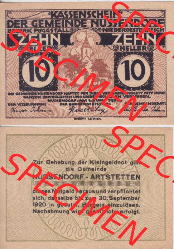 Notgeldscheine Niederösterreich Nussendorf - Artstetten 1920, 10 Heller. Vorderseite und Rückseite des Notgeldscheins auf einen Digitalen Bild zu katalogisieren der eigenen Notgeld-Sammlung... Sammlung