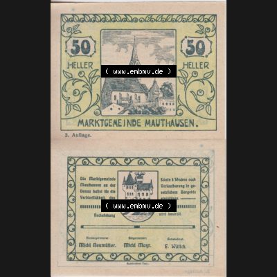 Notgeldscheine Oberösterreich Mauthausen 50 Heller I. Vorderseite und Rückseite auf einen Digitalen Bild des oberösterreichischen Notgeldscheins im online Katalog für private... Sammlung