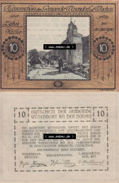 Notgeldscheine Niederösterreich Wösendorf Wachauer Notgeld 1920, 10 Heller. Vorderseite und Rückseite des Notgeldscheins auf... Sammlung