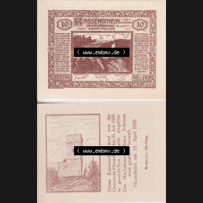 Notgeldscheine Niederösterreich Hinterbrühl 1920, 10 Heller II. Vorderseite und Rückseite des Notgeldscheins auf einen Digitalen Bild zu katalogisieren der eigenen Notgeld-Sammlung... Sammlung