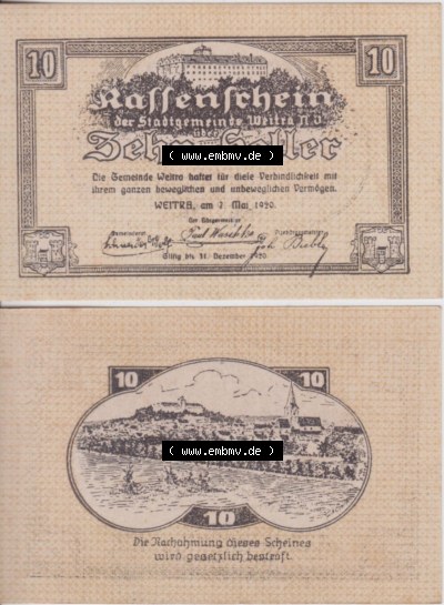 Notgeldscheine Niederösterreich Stadt-Gemeinde Weitra 1920, 10 Heller. Vorderseite und Rückseite des Notgeldscheins auf einen... Sammlung