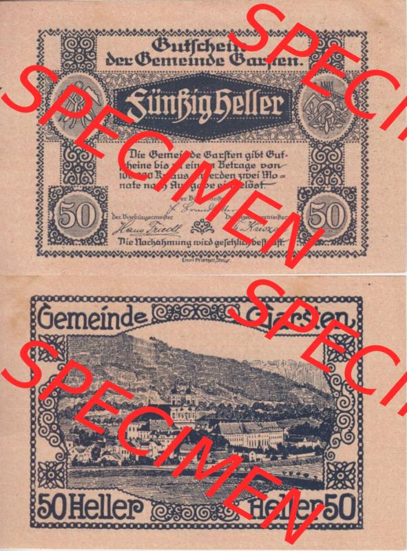 Notgeldscheine Oberösterreich Gemeinde Garsten 192x, 50 Heller. Vorderseite und Rückseite auf einen Digitalen Bild des oberösterreichischen Notgeldscheins im online Katalog... Sammlung