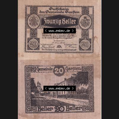 Notgeldscheine Oberösterreich Gemeinde Garsten 192x, 20 Heller. Vorderseite und Rückseite auf einen Digitalen Bild des oberösterreichischen Notgeldscheins im online Katalog... Sammlung