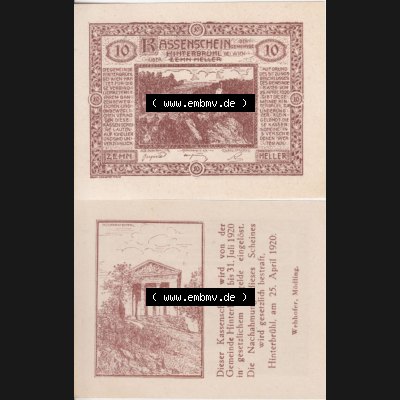Notgeldscheine Niederösterreich Hinterbrühl 1920, 10 Heller III. Vorderseite und Rückseite des Notgeldscheins auf einen Digitalen Bild zu katalogisieren der eigenen Notgeld-Sammlung... Sammlung