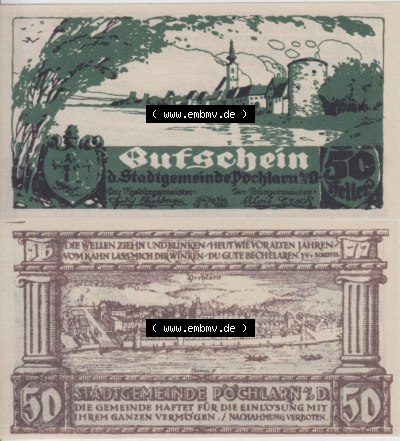 Notgeldscheine Niederösterreich Pöchlarn 1920, 50 Heller I. Vorderseite und Rückseite des Notgeldscheins auf einen Digitalen... Sammlung