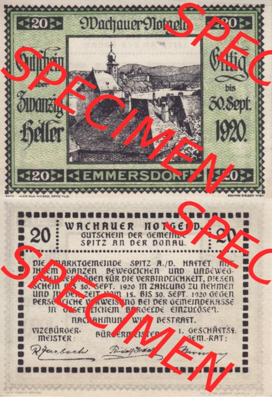Notgeldscheine Niederösterreich Emmersdorf Wachauer Notgeld 1920, 20 Heller. Vorderseite und Rückseite des Notgeldscheins auf einen Digitalen Bild zu katalogisieren der eigenen Notgeld-Sammlung... Sammlung