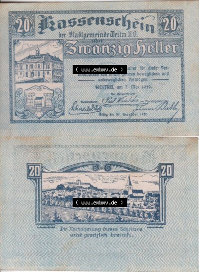 Notgeldscheine Niederösterreich Stadt-Gemeinde Weitra 1920, 20 Heller. Vorderseite und Rückseite des Notgeldscheins auf einen... Sammlung