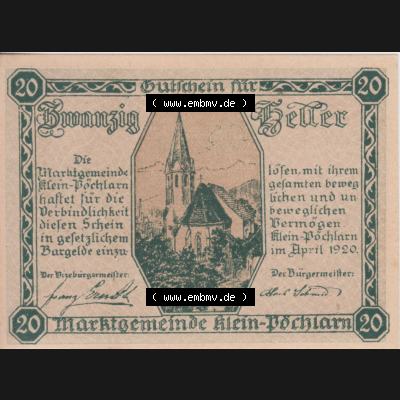 Notgeldscheine Niederösterreich Klein Pöchlarn 1920, 20 Heller. Vorderseite des Notgeldscheins im online Katalog auf EMBMV zum katalogisieren der eigenen Sammlung für private... Sammlung