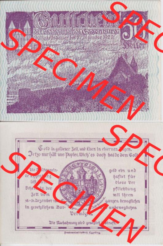 Notgeldscheine Niederösterreich Eggenburg 1920, 50 Heller III. Vorderseite und Rückseite des Notgeldscheins auf einen Digitalen Bild zu katalogisieren der eigenen Notgeld-Sammlung... Sammlung