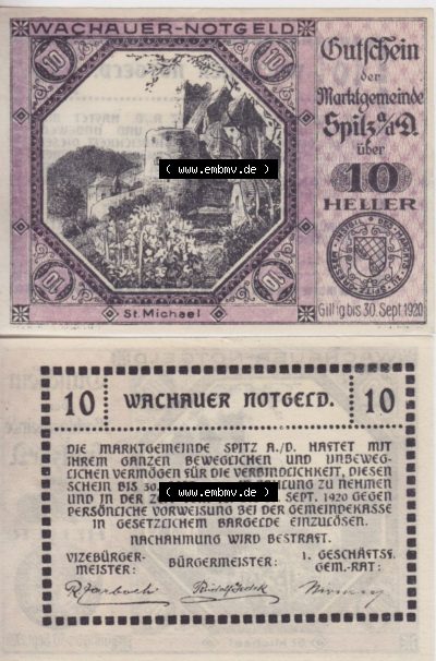 Notgeldscheine Niederösterreich Sankt Michael am Bruckbach 1920, 10 Heller. Vorderseite und Rückseite des Notgeldscheins auf... Sammlung