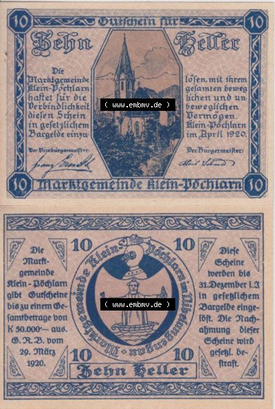 Notgeldscheine Niederösterreich Klein Pöchlarn 1920, 10 Heller. Vorderseite und Rückseite des Notgeldscheins auf einen Digitalen... Sammlung