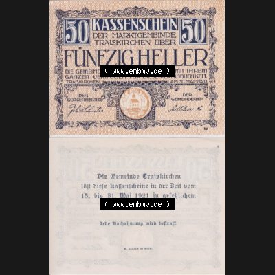 Notgeldscheine Niederösterreich Gemeinde Traiskirchen 1920, 50 Heller I. Vorderseite und Rückseite des Notgeldscheins auf einen Digitalen Bild zu katalogisieren der eigenen Notgeld-Sammlung... Sammlung