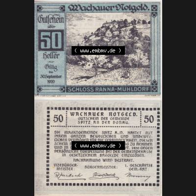 Notgeldscheine Niederösterreich Schloss Ranna-Mühldorf 1920, 50 Heller. Vorderseite und Rückseite des Notgeldscheins auf einen Digitalen Bild zu katalogisieren der eigenen Notgeld-Sammlung... Sammlung